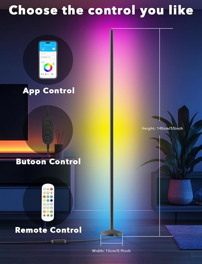 DAYBETTER Floor Lamp, LED BGRIC Smart Corner Lights, Standing Floor Lamps for Bedroom with APP and Remote, Music Sync and 16 Million Colors, Ambient Lighting for Home Decor(Black)
