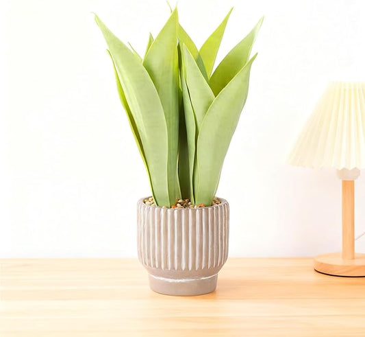 Artificial Realistic Snake Plant 16" in Concrete-Colored Pot Fake Snake Plants Sansevieria Greenery Faux Snake Plant for Home Office Living Room Housewarming Gifts Indoor Decor