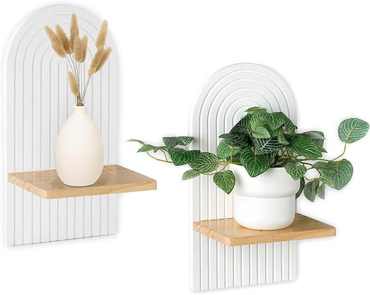 Boho Shelf Wall Decor - Bohemian Floating Shelves for Nursery Bedroom Living Room Mid Century Hanging Shelf Modern Rainbow Wall Candle Holder (White)