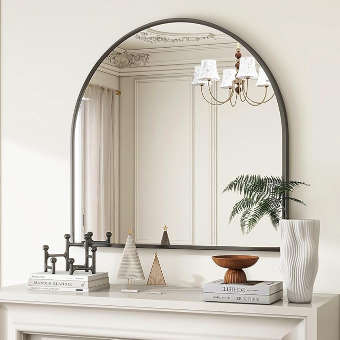 VooBang Wide Arched Wall Mirror, 31 x 32 inch Arch Bathroom Mirror, Wall Mounted Vanity Mirror with Arch Metal Frame, Modern Bathroom Vanity Mirror for Bedroom, Living Room, Hanging or Leaning, Black