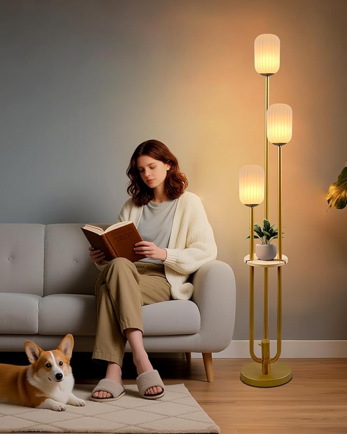 Lightdot Gold Dimmable Floor Lamp with Shelf, Modern Floor Lamps with Oval Striped Lampshade 3000K Bulb Included 3-Lights Candle Holder Style Tall Lamp for Living Room/Bedroom/Sofa Beside/Corner Decor
