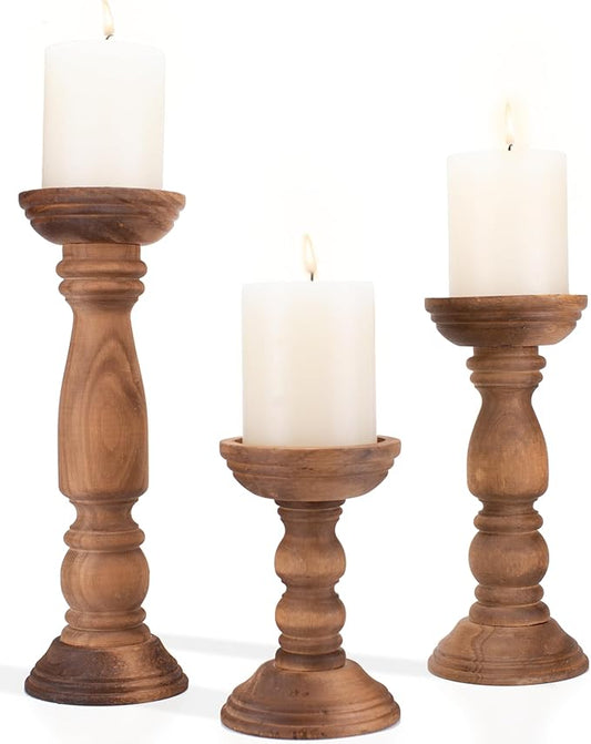 Farmhouse Wooden Candle Holders for Pillar Candles Set of 3, Rustic Wood Candle Holder Table Centerpiece Decor, 12'' 9'' 6'' Vintage Tall Candle Stand Decorative, Brown
