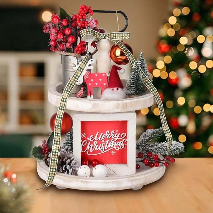 Mustry Rustic Wooden 2 Tiered Tray, Round Farmhouse Kitchen Table Decor Serving Tier Tray, Food Fruits Cupcake Display Coffee Bar Home Party Seasonal Decorations (White)