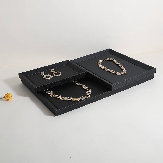 GemeShou Gemehou faux PU leather Jewelry Viewing Tray, Stackable Jewelry Plate, Rectangle Jewelry showcase, Empty Jewelry tray for Necklace Bracelet Ring Earring Watch (Black-Small, 9.1 x 5.9 in)