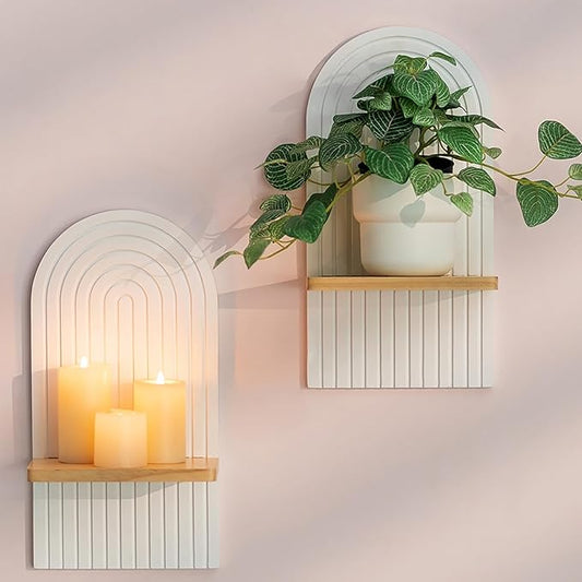 Boho Wall Candle Holder Decor: Mid Century Candle Sconces Set of 2 for Plants Pillar Candles - White Wood Modern Minimalist Arch Candle Shelf Bohemian Art Decor Beside Fireplace TV