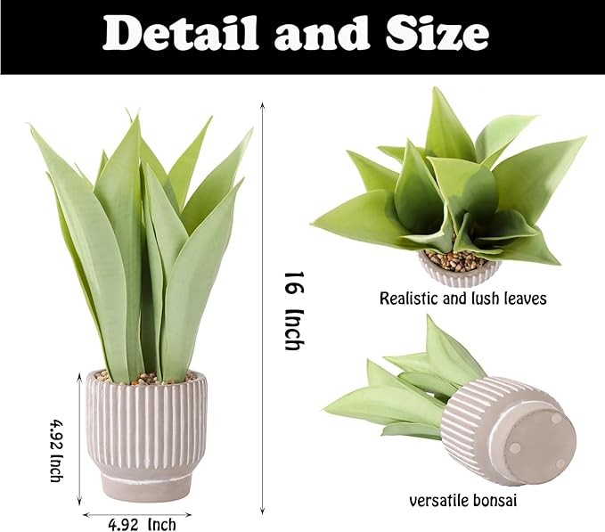 Artificial Realistic Snake Plant 16" in Concrete-Colored Pot Fake Snake Plants Sansevieria Greenery Faux Snake Plant for Home Office Living Room Housewarming Gifts Indoor Decor