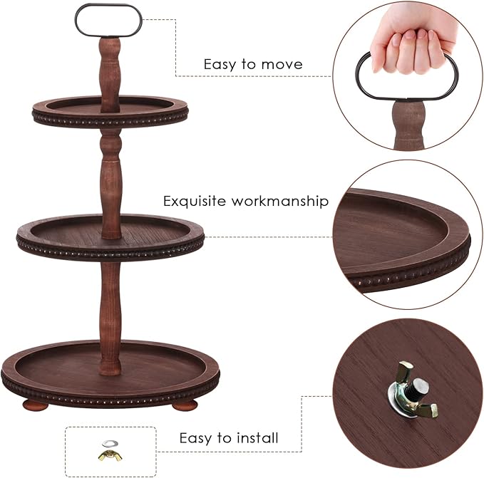 Urban Deco Wooden Tiered Tray 3-Tier Decorative Tray Stand Farmhouse Serving Tray, Round Wooden Cupcake Display Stand with Metal Handle, Brown Tiered Fruits Tray for Home Party Decorations