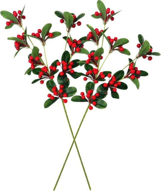 Artificial Red Berry Stems Fake Holly Berries Twig Branches Tall Picks Greenery Plastic Plant for Xmas Indoor Outdoor Wedding Party Christmas Event Decoration DIY Wreath Vase Fireplace Decor 2 Pack