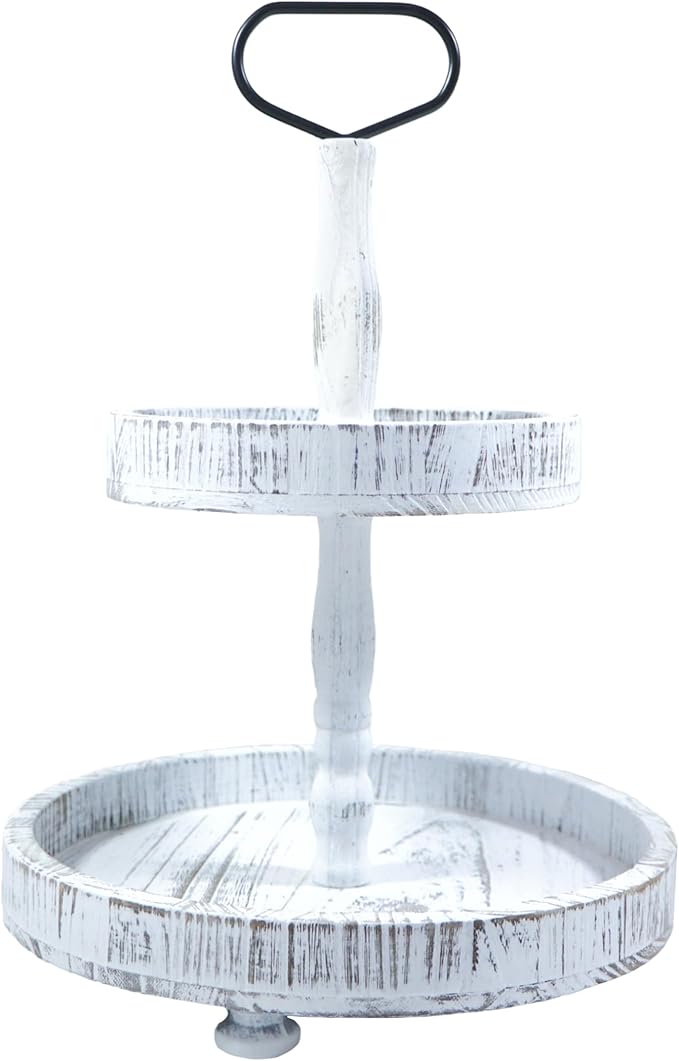 2-Tiered Round Wooden Tray Stand, Rustic Farmhouse Tiered Serving Tray for Home Decor Kitchen & Coffee Bar Centerpiece, Vintage White Wood 2-Tier Display Stand for Desserts, Cupcakes and More (White)