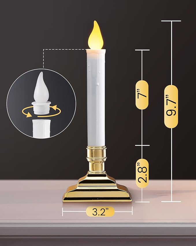 SURAIELEC 4 Pack Battery Operated Window Candles, Dusk-to-Dawn Window Lights with Removable Candle Holders, LED Flameless Candlesticks for Christmas Window, Mantel, Dining Table, Gloss Gold
