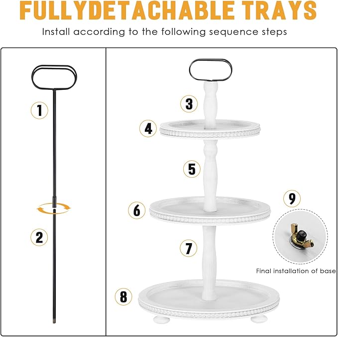 Urban Deco Wooden Tiered Tray 3-Tier Decorative Tray Stand Farmhouse Serving Tray, Round Wooden Cupcake Display Stand with Metal Handle, White Tiered Fruits Tray for Home Party Decorations