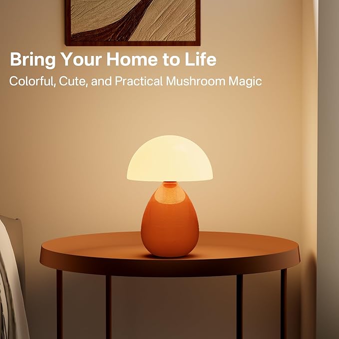 Mushroom Lamp Table Lamp for Bedroom,Desk Lamp Bedside Small Lamps for Living Room Night Stands,Table Lamps Cute Modern Mid Century Lamps,Unique Ice Crackle Ceramic Living Room Decor(Orange)