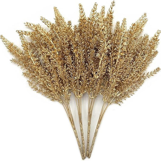 PASYOU Artificial Gold Plants Decor, Plastic Grass Faux Shrubs Simulation Lavender Leaves Indoor Outdoor Home Garden Planter Filler Party Hotel Verandah Wedding DIY Decoration - Golden 4 Pack