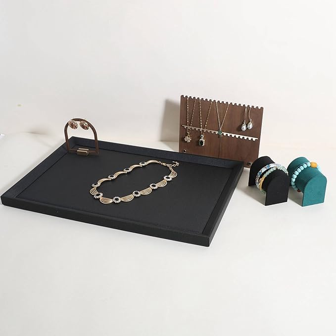 GemeShou Gemehou faux PU leather Jewelry Viewing Tray, Stackable Jewelry Plate, Rectangle Jewelry showcase, Empty Jewelry tray for Necklace Bracelet Ring Earring Watch (Black-Large, 17.7 x 11.8 in)
