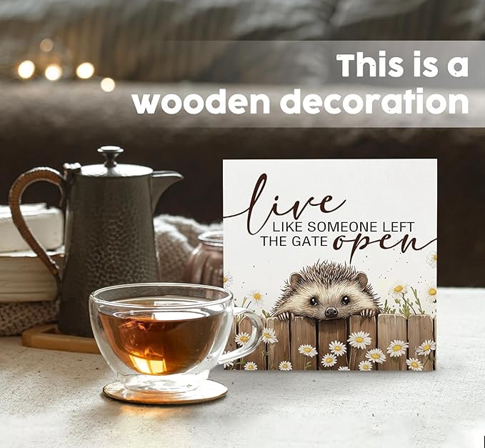 Hedgehog Wooden Box Sign -Rustic Farmhouse Live Like Someone Left the Gate Open Signs for Home Decor, Farm Cottagecore Animal Office Kitchen Bedroom Decor, Hedgehog Gifts for Women, 8x8