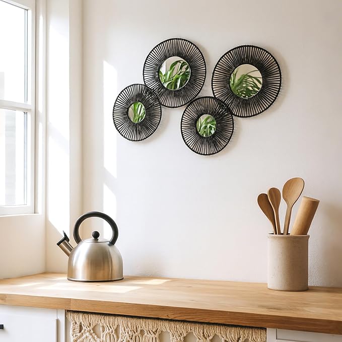 4 Pack Macrame Hanging Basket Wall Art - Decorative Woven Basket Boho Wall Hanging, Rustic Black Round Mirrors Natural Cotton Home Decor Set for Bedroom Living Room Nursery