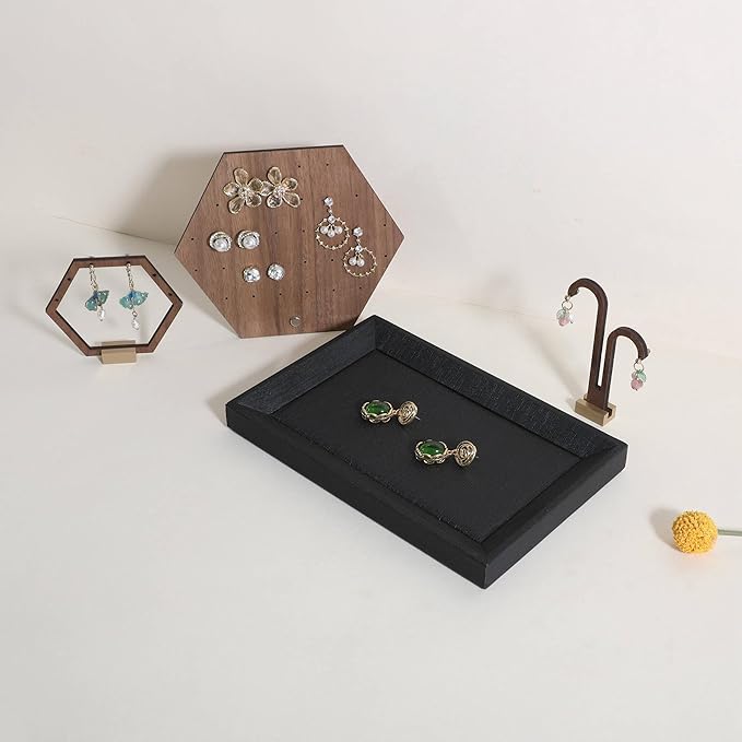 GemeShou Gemehou faux PU leather Jewelry Viewing Tray, Stackable Jewelry Plate, Rectangle Jewelry showcase, Empty Jewelry tray for Necklace Bracelet Ring Earring Watch (Black-Small, 9.1 x 5.9 in)