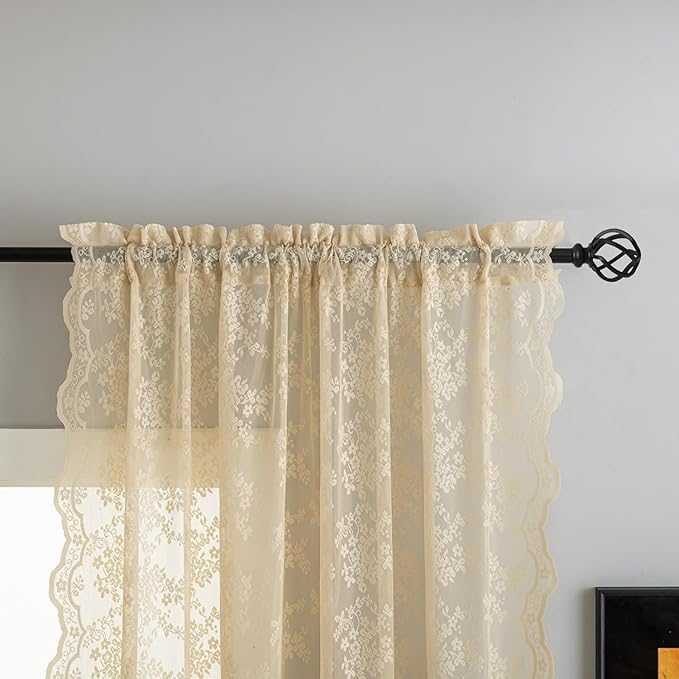 Beige 102 inch Long Curtains 2 Panels Victorian Sheer Lace Curtains for Living Room Home Office Light Filtering Window Treatments Ceiling to Floor for Large Window W52 X L102 Light Beige