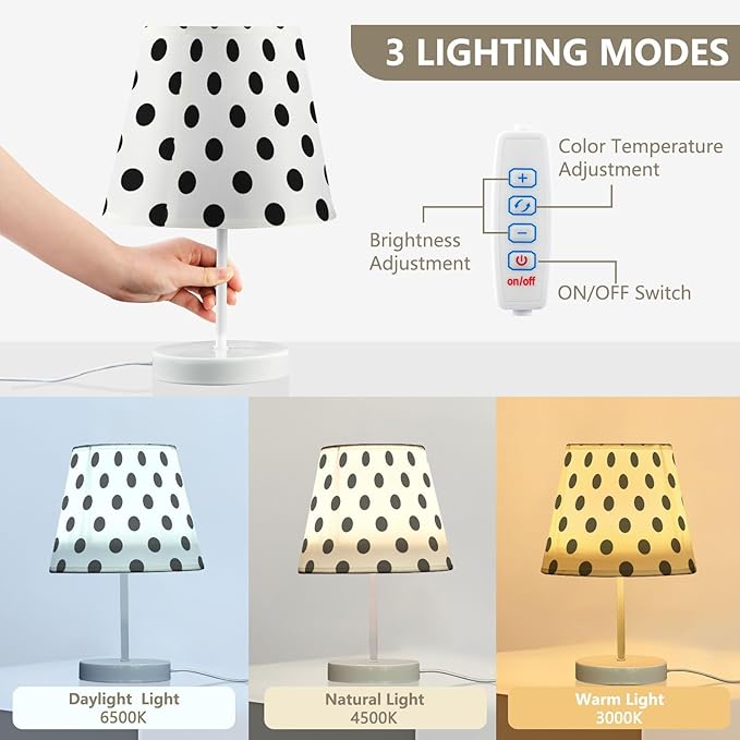 ALAZA Polka Dot Black on White Decor Bedside Table Lamp with USB Port 3 Color Temperatures LED Desk Lamp for Bedroom Office S