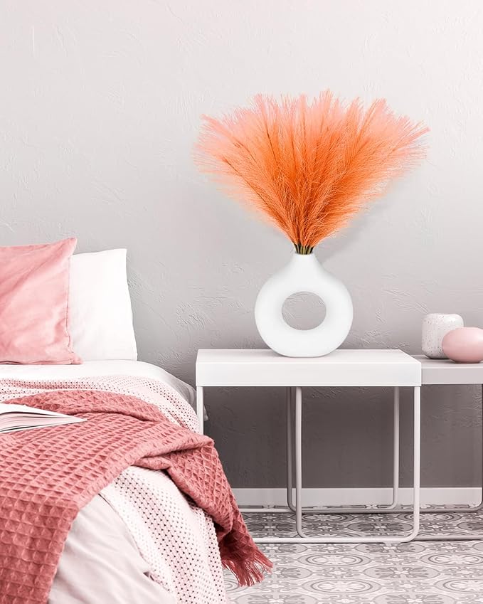 60pcs Orange Faux Pampas Grass Decor, 17.7inch Short Artificial Pompous Grass Fluffy Fall Fake Pompas Grass Branches Vase Filler Flower Arrangement for Home Wedding Boho Centerpieces Decor