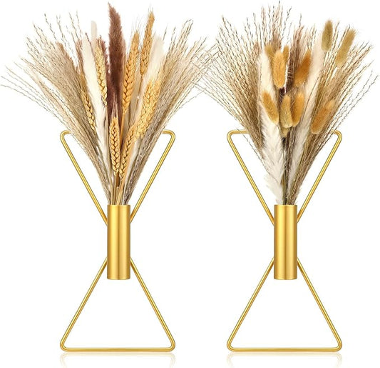 Peryiter 2 Pcs Boho Gold Wall Decor Metal Wall Art X Shaped Hanging Planters with Artificial Pampas Modern Home Gold Bathroom Decor for Bedroom Living Room