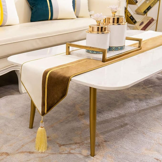 Avigers 12 x 108 Inch Decorative Luxury Brown White Gold Leather Striped Patchwork Velvet Table Runners with Tassels for Home Living Room Bedroom Art Decor Wedding