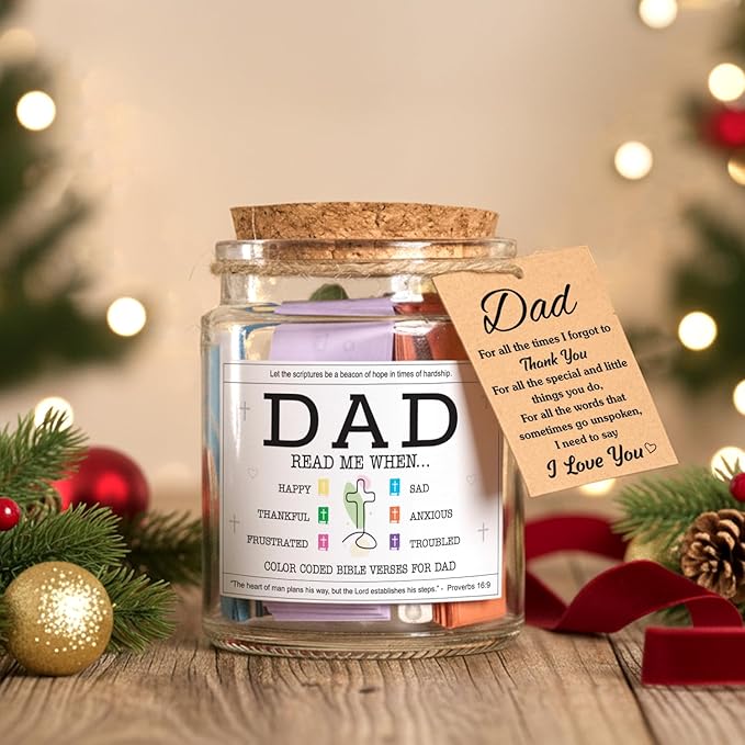 NewEleven Dad Gift, Christmas Gifts For Dad From Daughter, Son - New Dad Birthday Gift, Bible Verse Jar For Father - Decorative Glass Inspirational Scripture Jar with 92 Bible Verses