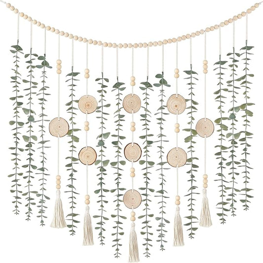 Dahey Hanging Artificial Plant Eucalyptus Wall Decor 43'' Wooden Bead Garland with Fake Greenery Leaves Boho Rustic Farmhouse Wall Art for Living Dining Room Bathroom Bedroom Kitchen Decoration