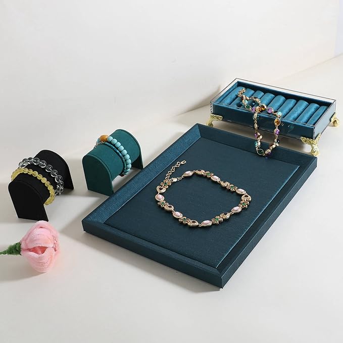 GemeShou Gemehou faux PU leather Jewelry Viewing Tray, Stackable Jewelry Plate, Rectangle Jewelry showcase, Empty Jewelry tray for Necklace Bracelet Ring Earring Watch (Green-Medium, 11.8 x 9.1 in)