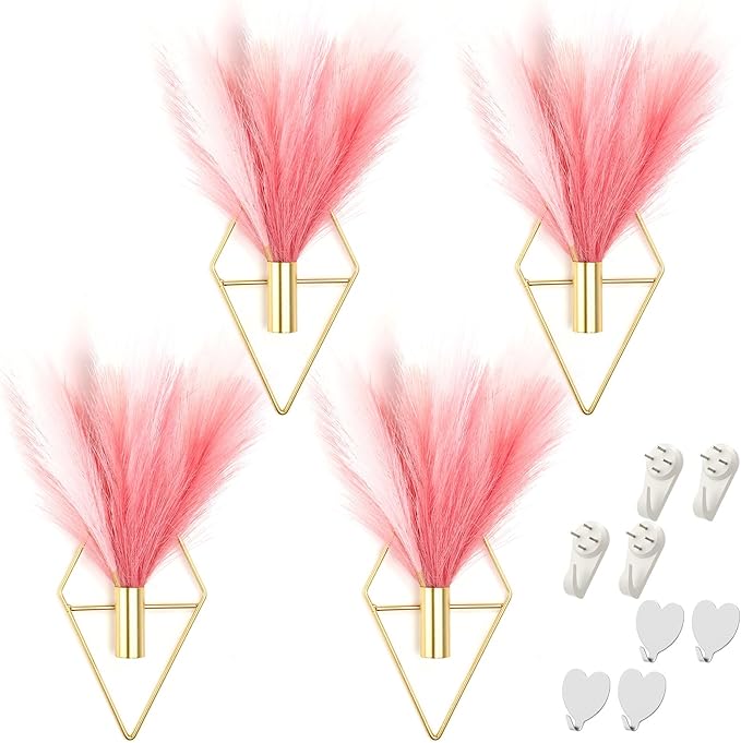 Hanaive 4 Sets Boho Wall Decor Metal Wall Art Hanging Planters with Artificial Pampas Display Modern Home Vase for Bedroom Home Office(Bean Paste Color, Beige, Light Pink,Gradient Pink)