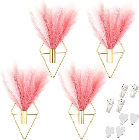 Hanaive 4 Sets Boho Wall Decor Metal Wall Art Hanging Planters with Artificial Pampas Display Modern Home Vase for Bedroom Home Office(Bean Paste Color, Beige, Light Pink,Gradient Pink)