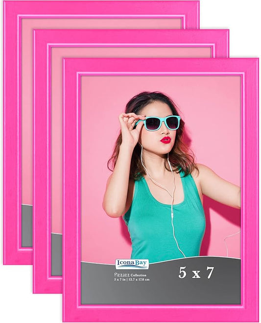 Icona Bay 5x7 Picture Frames (Pink, 3 Pack), Colored Solid Wood Scandinavian Style Frames for Photo, Pizzazz Collection