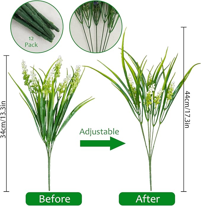 36 Bundles Artificial Plants Outdoor, 18.2" UV Resistant Faux Monkey Grass Greenery Stems No Fade Faux Plastic Flowers Shrubs for Home Weddings Garden Porch Front Patio Office Decor- White