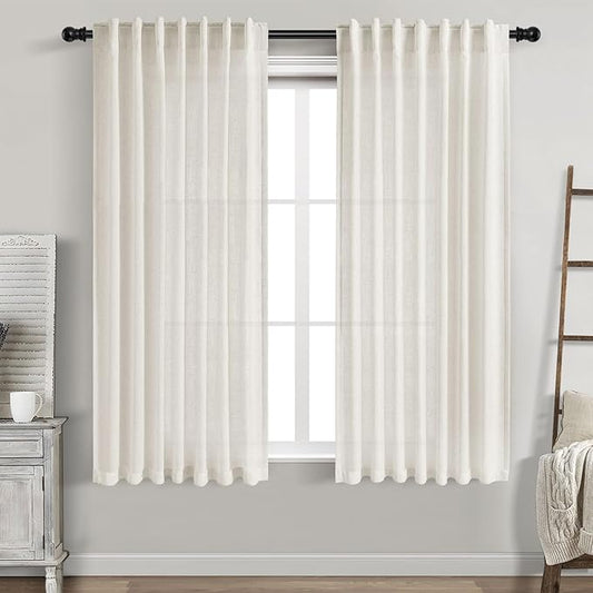 Cream Linen Back Tab Curtains 63 Inch Length for Living Room 2 Panel Set Neutral Modern Farmhouse Window Curtain Privacy Semi Sheer Linen Drapes Rustic Pinch Pleated Look Curtain Natural Ivory
