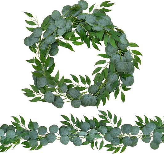 2 Pack Artificial Eucalyptus Garland Each 6.5 FT Faux Greenery Garland for Wedding Mantle Table Runner DIY Garlands Decor