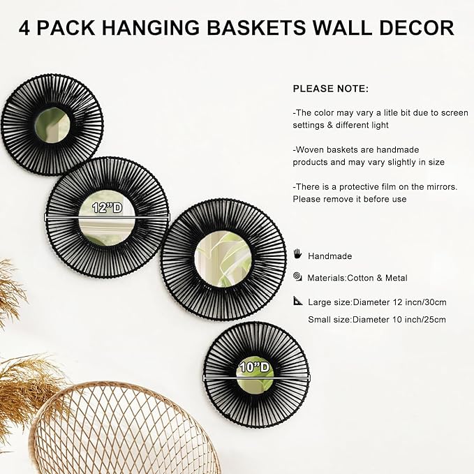 4 Pack Macrame Hanging Basket Wall Art - Decorative Woven Basket Boho Wall Hanging, Rustic Black Round Mirrors Natural Cotton Home Decor Set for Bedroom Living Room Nursery