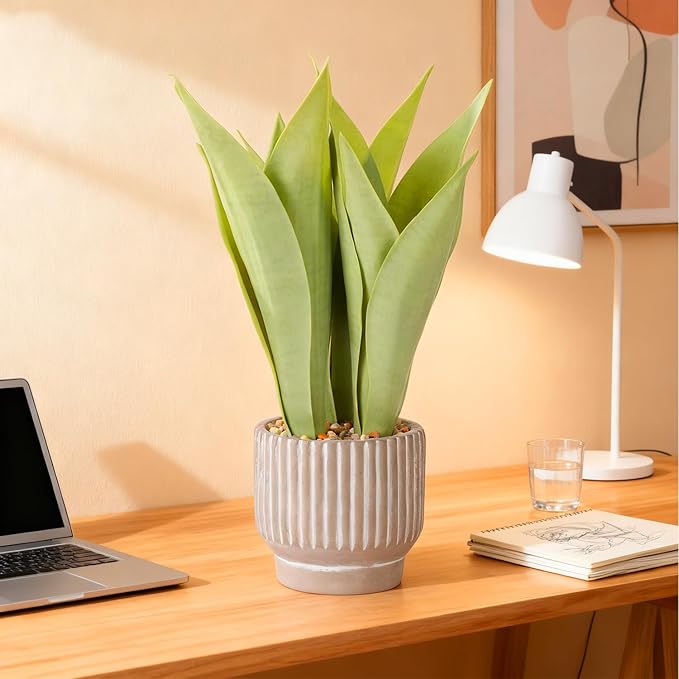 Artificial Realistic Snake Plant 16" in Concrete-Colored Pot Fake Snake Plants Sansevieria Greenery Faux Snake Plant for Home Office Living Room Housewarming Gifts Indoor Decor