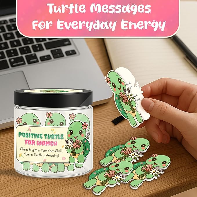 Positive Turtle Affirmation Jar for Women – 60 Daily Motivational Cards, Self Care & Encouragement Gift with Acrylic Keychain and Display Stand, Inspirational Message Jar for Positivity and Confidence