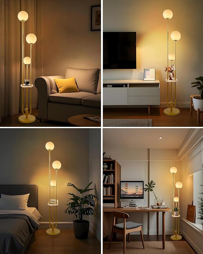 Lightdot 63IN Dimmable Gold Floor Lamp with Shelf Mid Century Standing Lamps with 3000K Bulbs Included with Candle Holder Style Modern Globe Floor Lamp for Living Room/Party/Sofa Beside/Corner Decor