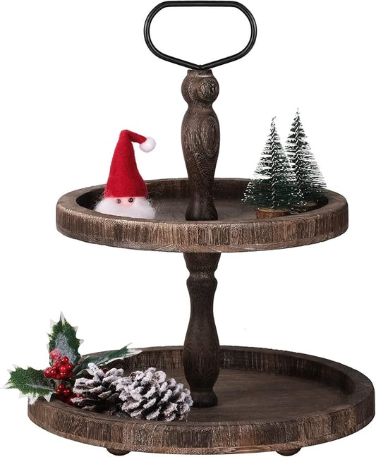 Mustry Rustic Wooden 2 Tiered Tray, Round Farmhouse Kitchen Table Decor Serving Tier Tray, Food Fruits Cupcake Display Coffee Bar Home Party Seasonal Decorations (Brown)
