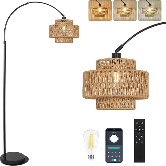 HMVPL Arc Floor Lamp for Living Room, Boho Rattan Floor Lamp with Remote, Black Standing Lamp with Dimmable Blub Timer, Farmhouse Arched Tall Lamp for Bedroom Reading Over Couch (Height Adjustable)