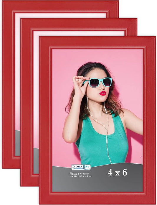 Icona Bay 4x6 Picture Frames (Red, 3 Pack), Colored Solid Wood Scandinavian Style Frames for Photo, Pizzazz Collection