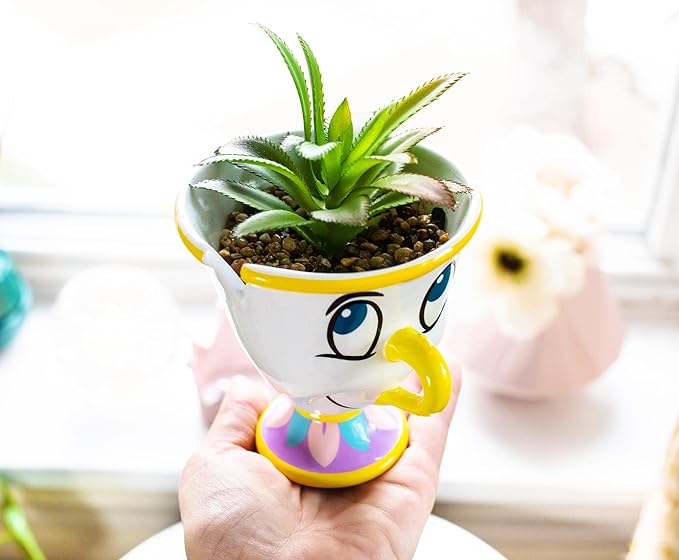 Silver Buffalo Disney Beauty and The Beast Chip 3-Inch Ceramic Mini Planter with Artificial Succulent | Small Flower Pot, Faux Indoor Plants for Desk Shelf, Home Decor Trinket Tray and Collectibles