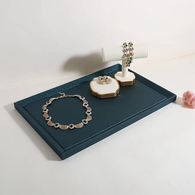 GemeShou Gemehou faux PU leather Jewelry Viewing Tray, Stackable Jewelry Plate, Rectangle Jewelry showcase, Empty Jewelry tray for Necklace Bracelet Ring Earring Watch (Green-Large, 17.7 x 11.8 in)