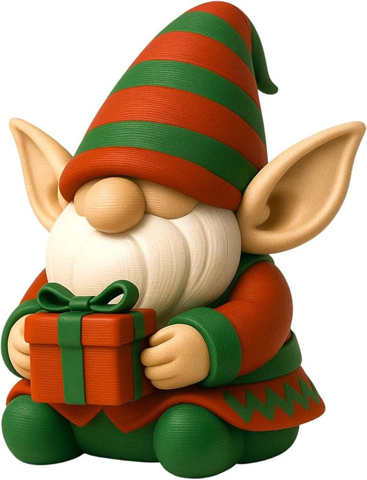 Christmas Elf Gnome Figurine with Present – Festive Holiday Shelf Sitter, Scandinavian Style Christmas Decoration – 3D Printed in Canada