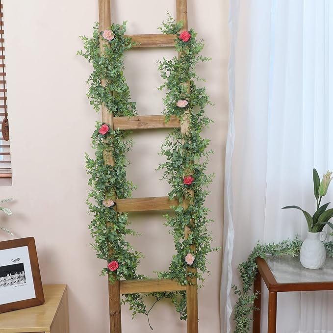 Dolicer 8 Packs Eucalyptus Garland with LED Lights String, 48FT Faux Eucalyptus Greenery Garland, Artificial Hanging Green Eucalyptus Leaves Vine Wedding Backdrop Arch Wall Table Decor (Grey Green)