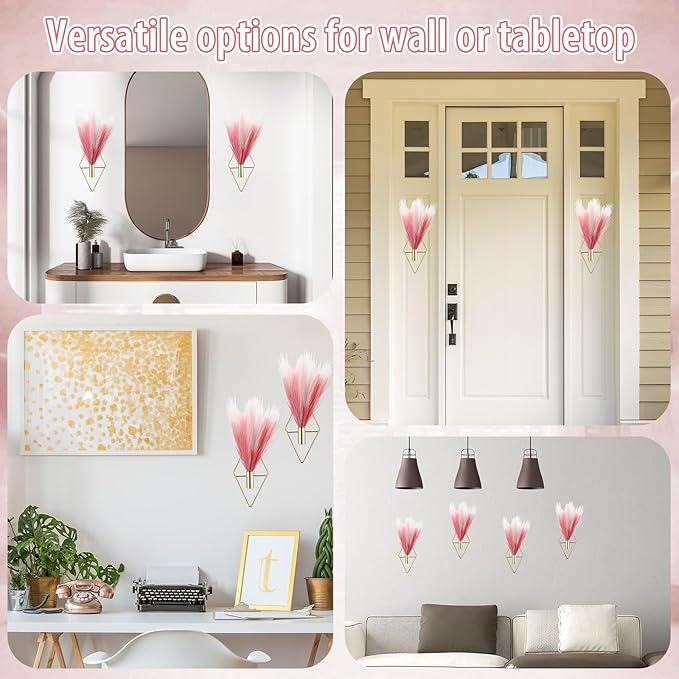 Hanaive 4 Sets Boho Wall Decor Metal Wall Art Hanging Planters with Artificial Pampas Display Modern Home Vase for Bedroom Home Office(Bean Paste Color, Beige, Light Pink,Gradient Pink)