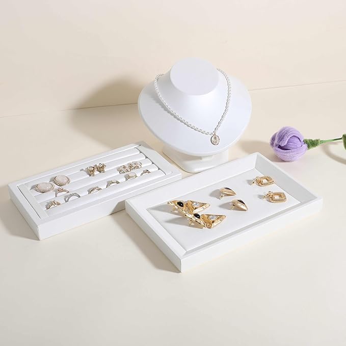 Gemehou Faux PU Leather Jewelry Viewing Tray, Stackable Jewelry Plate, Rectangle Jewelry Showcase, Empty Jewelry Tray for Necklace Bracelet Ring Earring Watch (White-Small, 9.1 x 5.9 in)