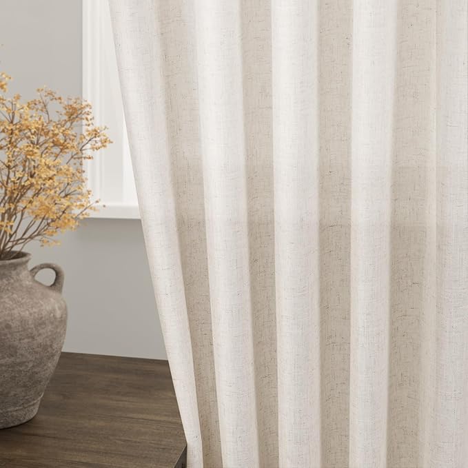 Nanspring Beige Linen Back Tab Curtains for Bedroom 64 Inch Length 2 Panels Set Neutral Modern Farmhouse Window Drapes Semi Sheer Light Filtering Rod Pocket Curtain for Living Room Home Decor W52xL64