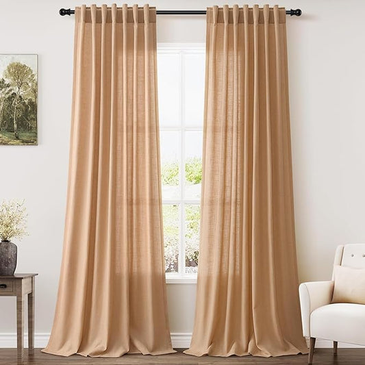 Nanspring Camel Linen Curtains for Living Room 95 Inches Long Back Tab and Rod Pocket Light Filtering Semi Sheer Vintage Rustic Curtain Luxury Boho Decor Drapes for Bedroom Office 52x95, 2 Panels